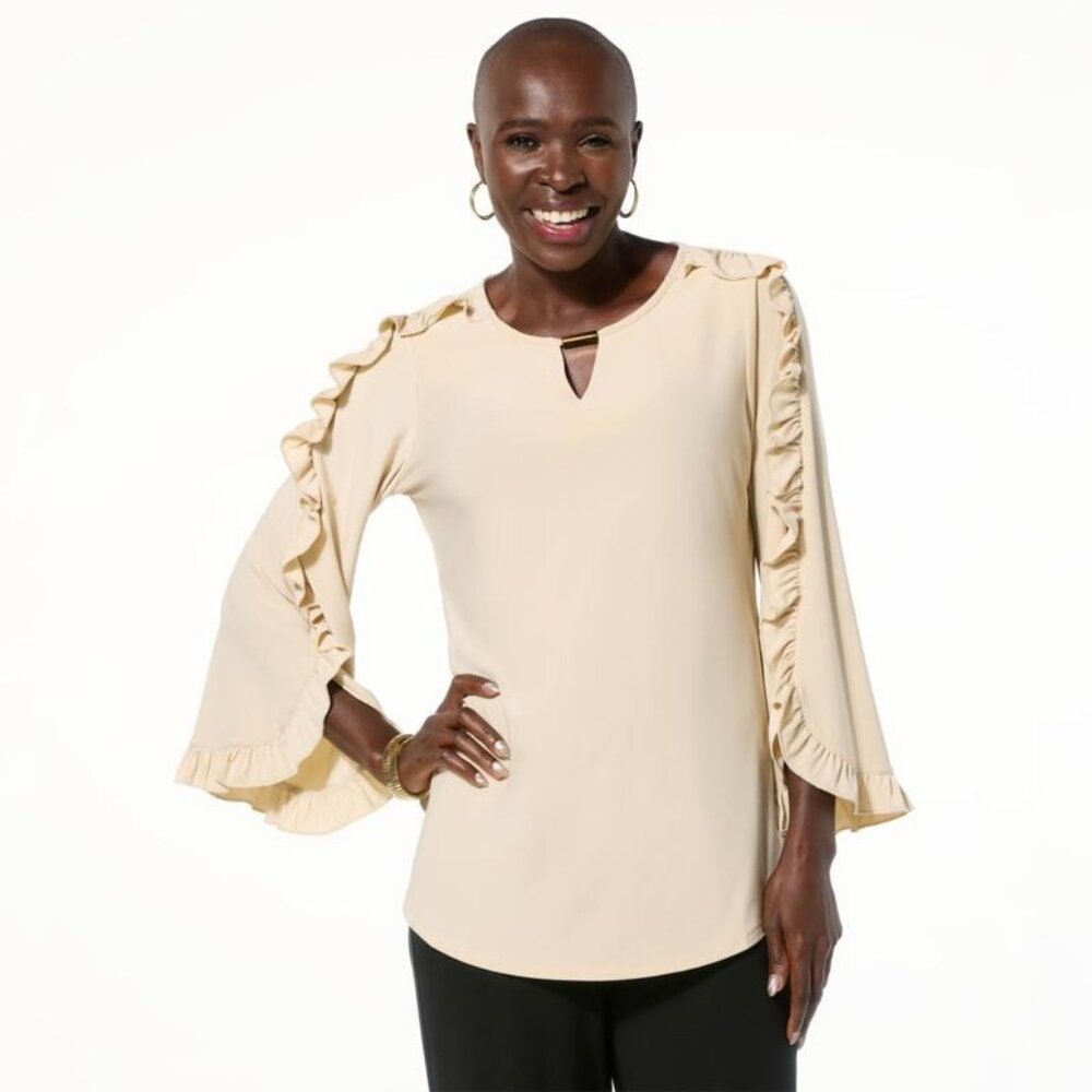 Antthony Notched Neck Top with Ruffle Sleeves Size Large Creme Brulee Officework